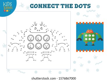 Connect the dots kids game vector illustration. Preschool children educational activity with joining dot to dot and colouring cute robot character 