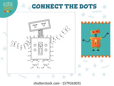 Connect the dots kids game vector illustration. Preschool children educational activity with joining dot to dot and coloring vintage robotic  character 