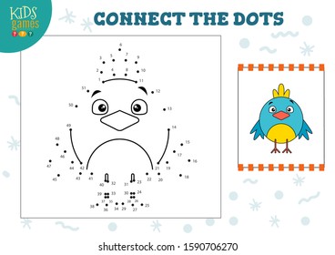 Connect the dots kids game vector illustration. Preschool children education activity with joining dot to dot and coloring funny cute bird 