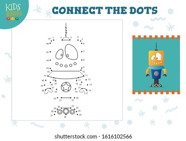 Connect the dots kids game vector illustration. Preschool children educational activity with joining dot to dot and coloring vintage robotic  character