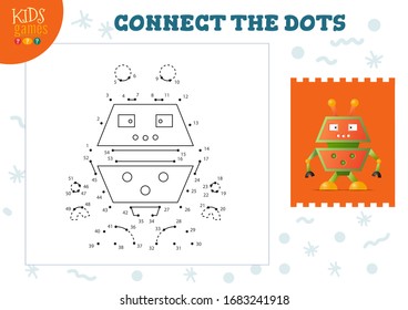 Connect the dots kids game vector illustration. Preschool children educational activity with joining dot to dot and coloring vintage style robotic  character