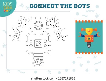 Connect The Dots Kids Game Vector Illustration. Kindergarten Children Educational Activity With Joining Dot To Dot Worksheet With Funny Cartoon Robotic Character