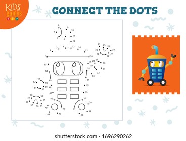 Connect the dots kids game vector illustration. Preschool children educational activity with joining dot to dot and coloring retro style robotic  character