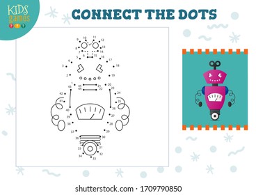 Conecte los puntos de la ilustración vectorial del juego de niños. Actividad educativa infantil preescolar con unión de punto a punto y colorido al lindo personaje robot