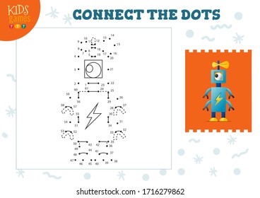 Conecte los puntos de la ilustración vectorial del juego de niños. Niños en kindergarten actividad educativa uniéndose a una hoja de cálculo punto a punto con caricatura de un ojo gracioso personaje robótico