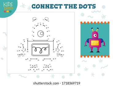 Conecte los puntos de la ilustración vectorial del juego de niños. Actividad educativa infantil preescolar con unión de punto a punto y colorido al lindo personaje robot