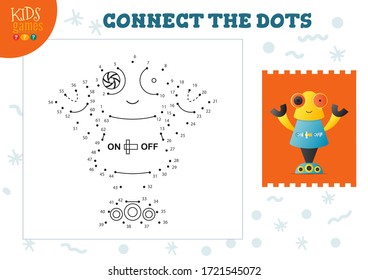 Connect the dots kids game vector illustration. Preschool children educational activity with joining dot to dot and coloring vintage style robotic  character