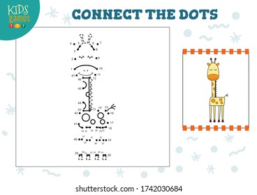 Connect the dots kids game vector illustration. Preschool children education activity with joining dot to dot and coloring funny cute giraffe