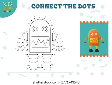 Connect the dots kids game vector illustration. Preschool children educational activity with joining dot to dot and coloring cute robot character