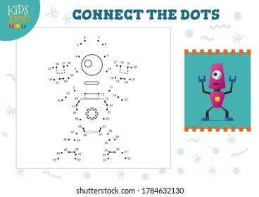 Connect the dots kids game vector illustration. Kindergarten children educational activity with joining dot to dot worksheet with funny cartoon robotic character