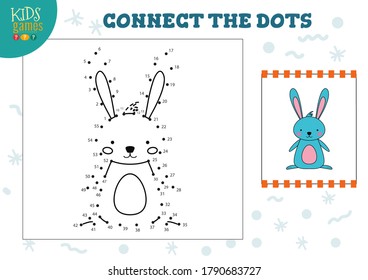 Connect the dots kids game vector illustration. Preschool children education activity with joining dot to dot and coloring funny cute rabbit