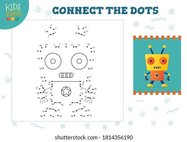 Connect the dots kids game vector illustration. Preschool children educational activity with joining dot to dot and coloring retro style robot character