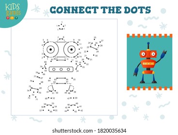 Connect the dots kids game vector illustration. Kindergarten children educational activity with joining dot to dot worksheet with funny antenna cartoon robotic character