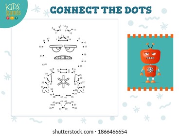 Verbinden Sie das dots-Kinderspiel, Vektorgrafik. Kindergarten-Kindererziehungsaktivität mit einem Punkt-zu-Punkt-Arbeitsblatt mit lustigen, großen, bewaffneten Cartoon-Robotercharakter