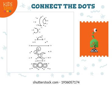Connect the dots kids game vector illustration. Kindergarten children educational activity with joining dot to dot worksheet with funny long body cartoon robotic character