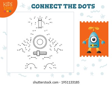 Conecte los puntos de la ilustración vectorial del juego de niños. Actividad educativa infantil preescolar uniendo punto a punto y coloreando el carácter robótico vintage