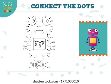 Connect the dots kids game vector illustration. Preschool children educational activity with joining dot to dot and colouring cute robot character