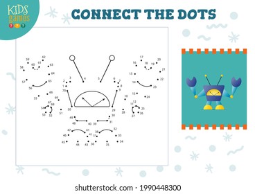 Connect the dots kids game vector illustration. Kindergarten children educational activity with joining dot to dot worksheet with funny big eyed cartoon robotic character