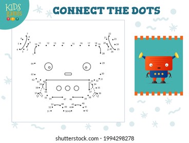 Conecte los puntos de la ilustración vectorial del juego de niños. Niños de kindergarten actividad educativa con unión de punto a punto hoja de cálculo con graciosos personajes robóticos de dibujos animados armados