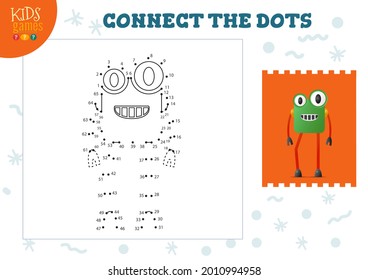 Connect the dots kids game vector illustration. Preschool children educational activity with joining dot to dot and colouring cute robot character