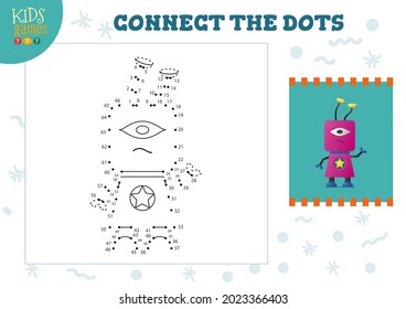 Conecte los puntos de la ilustración vectorial del juego de niños. Niños de kindergarten actividad educativa con unión de punto a punto hoja de cálculo con caricatura de cuerpo largo divertido personaje robótico