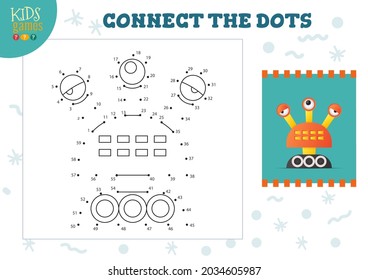 Conecte los puntos de la ilustración vectorial del juego de niños. Actividad educativa infantil preescolar uniendo punto a punto y coloreando el carácter robótico vintage