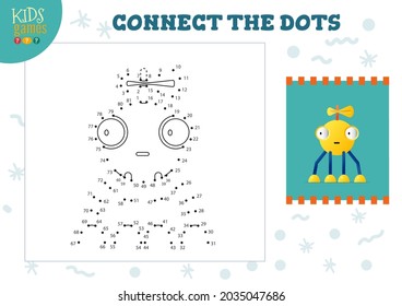 Connect The Dots Kids Game Vector Illustration. Preschool Children Educational Activity With Joining Dot To Dot And Colouring Cute Robot Character