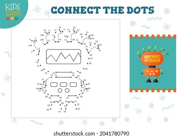 Connect The Dots Kids Game Vector Illustration. Preschool Children Educational Activity With Joining Dot To Dot And Coloring Vintage Robotic  Character