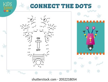 Connect the dots kids game vector illustration. Preschool children educational activity with joining dot to dot and coloring vintage robotic  character
