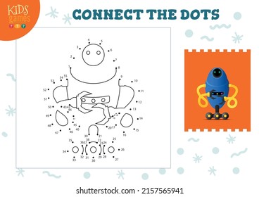 Connect the dots kids game vector illustration. Preschool children educational activity with joining dot to dot and colouring cute robot character
