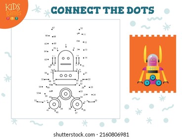 Connect the dots kids game vector illustration. Preschool children educational activity with joining dot to dot and colouring cute robot character