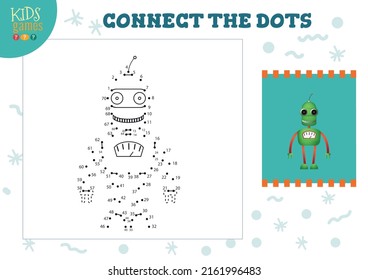 Connect the dots kids game vector illustration. Preschool children educational activity with joining dot to dot and coloring vintage robotic  character