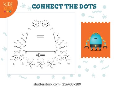 Conecte los puntos de la ilustración vectorial del juego de niños. Actividad educativa infantil preescolar uniendo punto a punto y coloreando el carácter robótico vintage