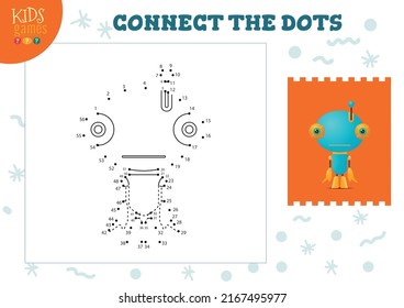 Connect the dots kids game vector illustration. Kindergarten children educational activity with joining dot to dot worksheet with funny long body cartoon robotic character