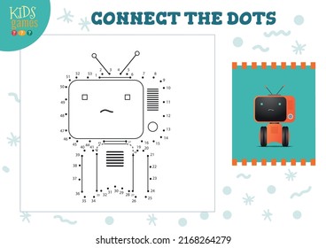Connect the dots kids game vector illustration. Preschool children educational activity with joining dot to dot and coloring vintage robotic  character