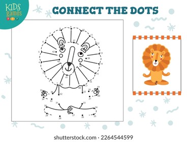Connect the dots kids game vector illustration. Preschool children educational activity with joining dot to dot and colouring cute lion