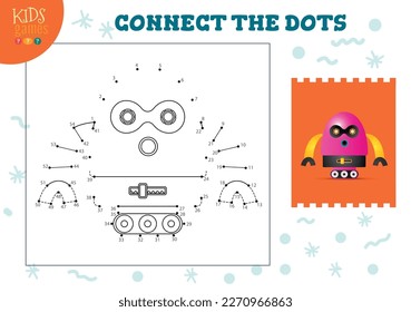 Connect the dots kids game vector illustration. Kindergarten children educational activity with joining dot to dot worksheet with funny big eyed cartoon robotic character