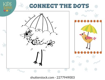 Conecte los puntos de la ilustración vectorial del juego de niños. Actividad educativa infantil preescolar uniendo punto a punto y coloreando pájaro lindo