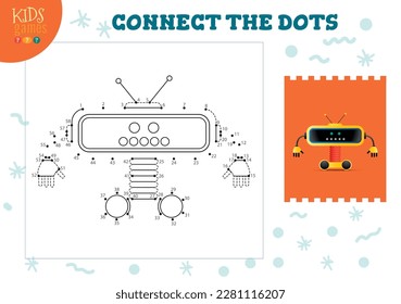Connect the dots kids game vector illustration. Preschool children educational activity with joining dot to dot and colouring cute robot character