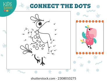 Connect the dots kids game vector illustration. Preschool children educational activity with joining dot to dot and coloring cute parrot