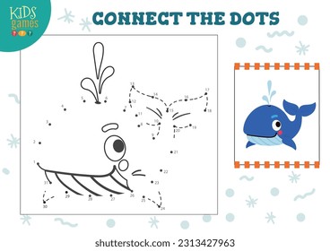 Connect the dots kids game vector illustration. Preschool children educational activity with joining dot to dot and colouring cute whale