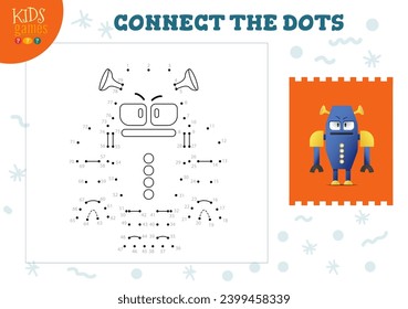 Connect the dots kids game vector illustration. Preschool children educational activity with joining dot to dot and colouring cute robot character