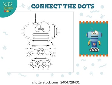 Connect the dots kids game vector illustration. Preschool children educational activity with joining dot to dot and coloring vintage robotic  character