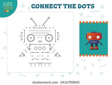Conecte los puntos de la ilustración vectorial del juego de niños. Niños de kindergarten actividad educativa con unión de punto a punto hoja de cálculo con caricatura de ojos grandes graciosos carácter robótico