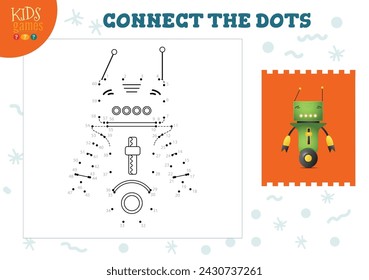 Conecta los puntos niños juego ilustración vectorial. Actividad educativa de niños preescolares con unir punto a punto y colorear lindo personaje robot
