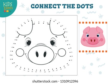 Connect the dots kids mini game vector illustration. Preschool children education activity with joining dot to dot and coloring cute cartoon piglet 