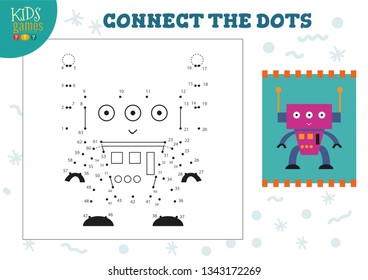 Connect the dots kids mini game vector illustration. Preschool children education activity with joining dot to dot and drawing funny cartoon alien or robot 