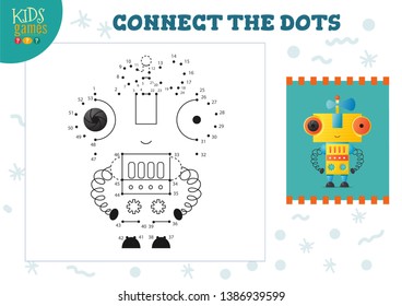 Connect the dots kids mini game vector illustration. Preschool children education activity with joining dot to dot and drawing funny cartoon alien or robot 