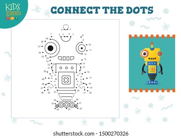 Connect the dots kids mini game vector illustration. Preschool children education activity with joining dot to dot and drawing funny cartoon monster or robot 