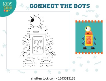 Connect the dots kids mini game vector illustration. Preschool children education activity with joining dot to dot and drawing funny cartoon robot 